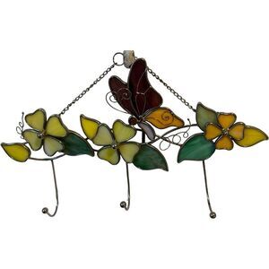 Handmade Stained Glass Butterfly Flower Key Holder Rack 3 Hooks 13x7